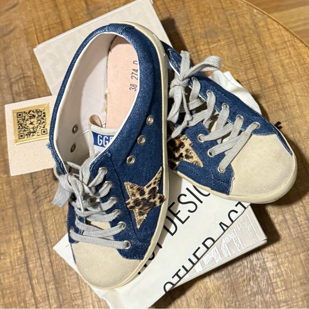 Golden Goose Blue Denim and Leopard Star Super-Star Sabots. Size 38.